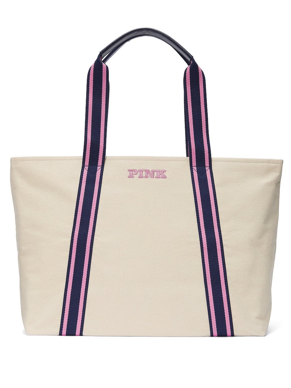 PINK Victoria's Secret Cream Canvas Tote with Pink & Navy Striped Handles